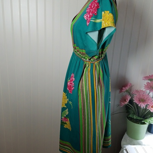 Floral Print Empire Waist Plunge Neckline Dress M - Picture 2 of 8